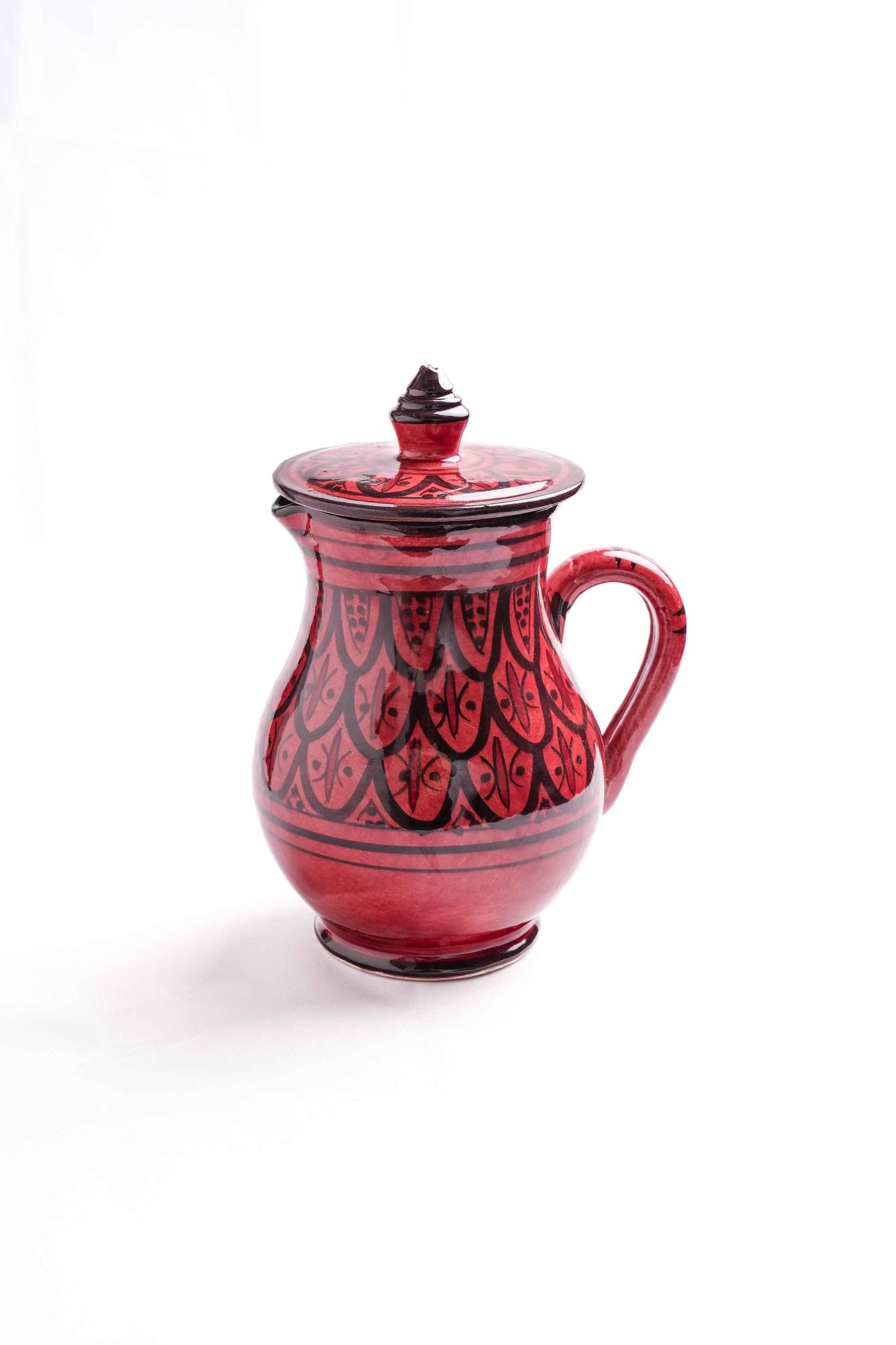 Moroccan Ceramic Jug with Lid, Red & Black – Handmade