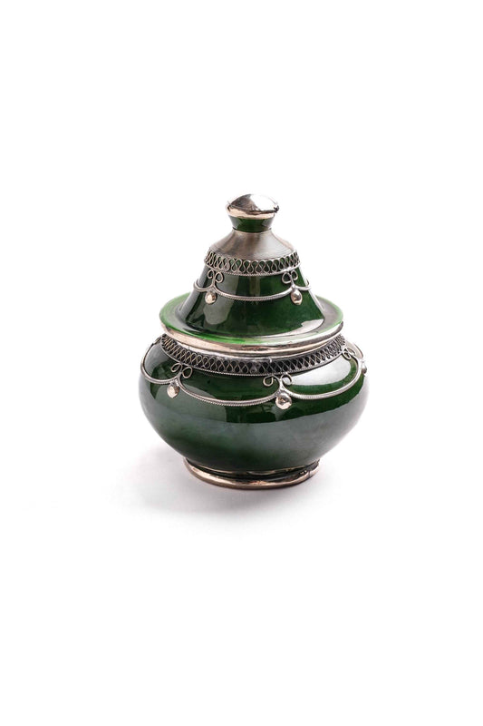 Moroccan Green Ceramic Jar, Silver Filigree Lid