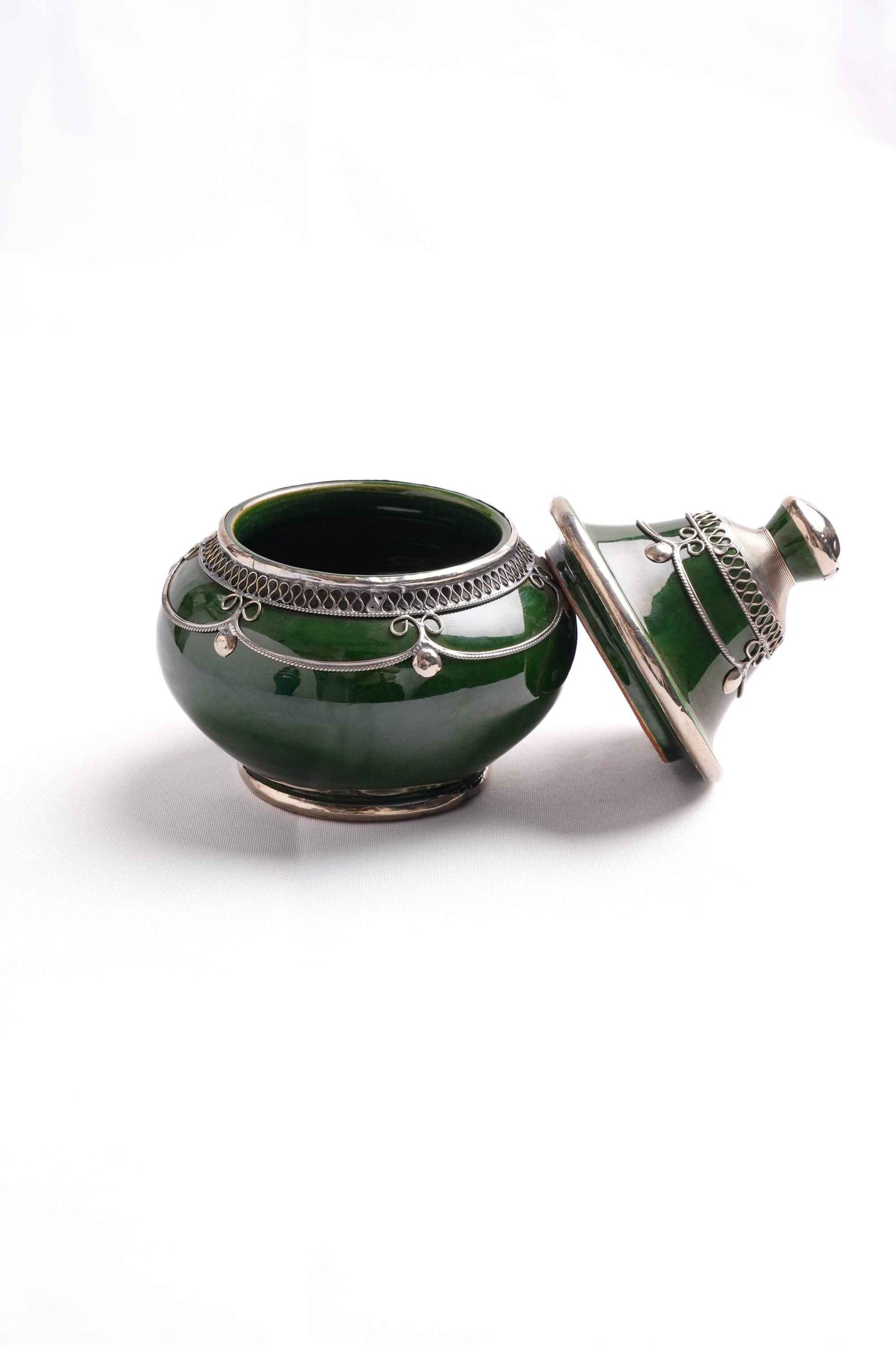 Moroccan Green Ceramic Jar, Silver Filigree Lid