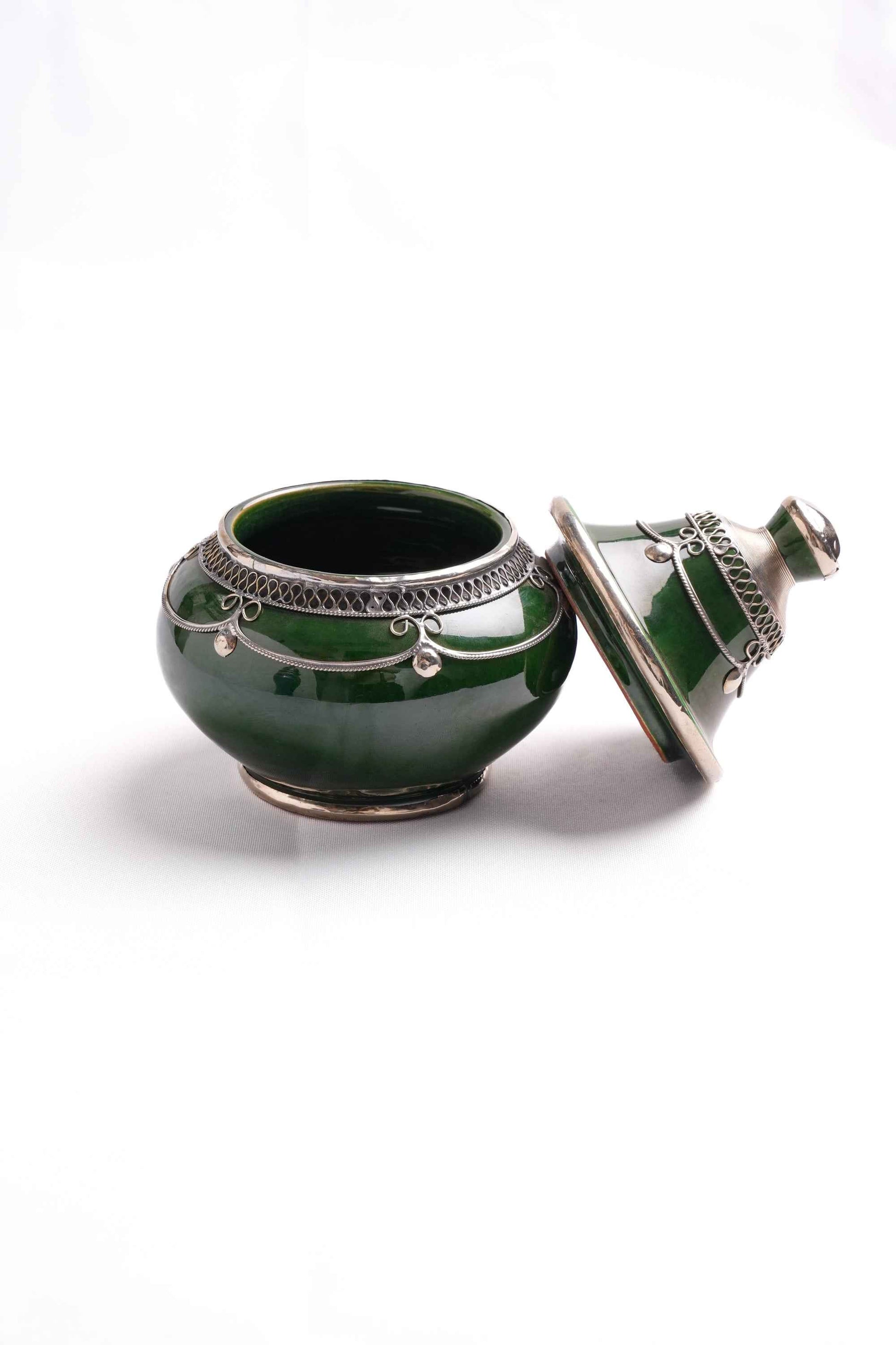 Moroccan Green Ceramic Jar, Silver Filigree Lid