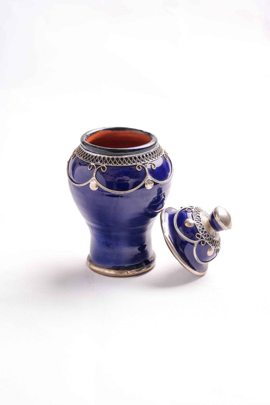 Cobalt Blue Moroccan Lidded Jar with Metal Accents