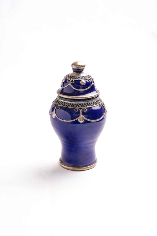 Cobalt Blue Moroccan Lidded Jar with Metal Accents