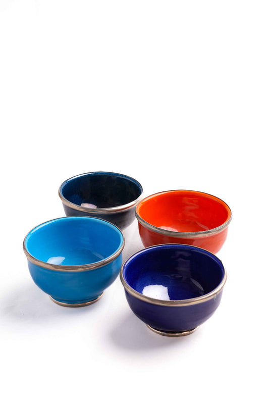 Moroccan Glazed Bowls, Berber Silver Trim, Set of 4
