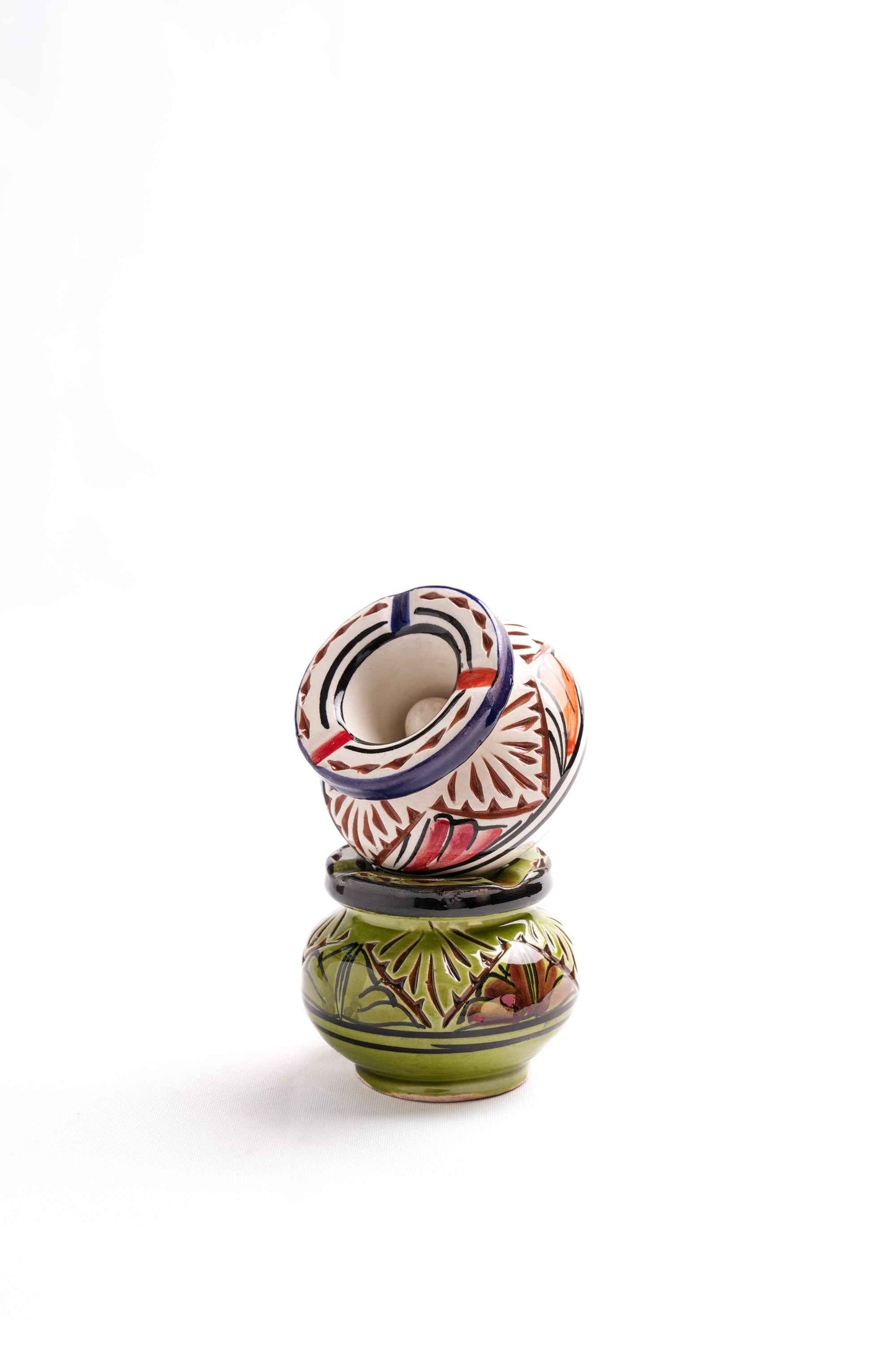 Carved Moroccan Ceramic Ashtrays with Lid, Set of 2