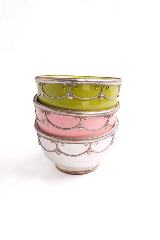 Moroccan Ceramic Bowl, Silver & Copper Inlay