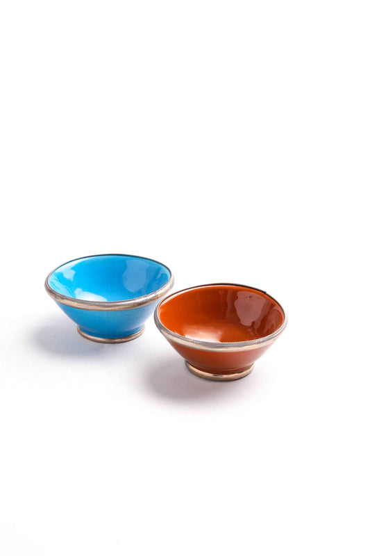 Moroccan Ceramic Bowls, Silver Metal Trim, Set of 2