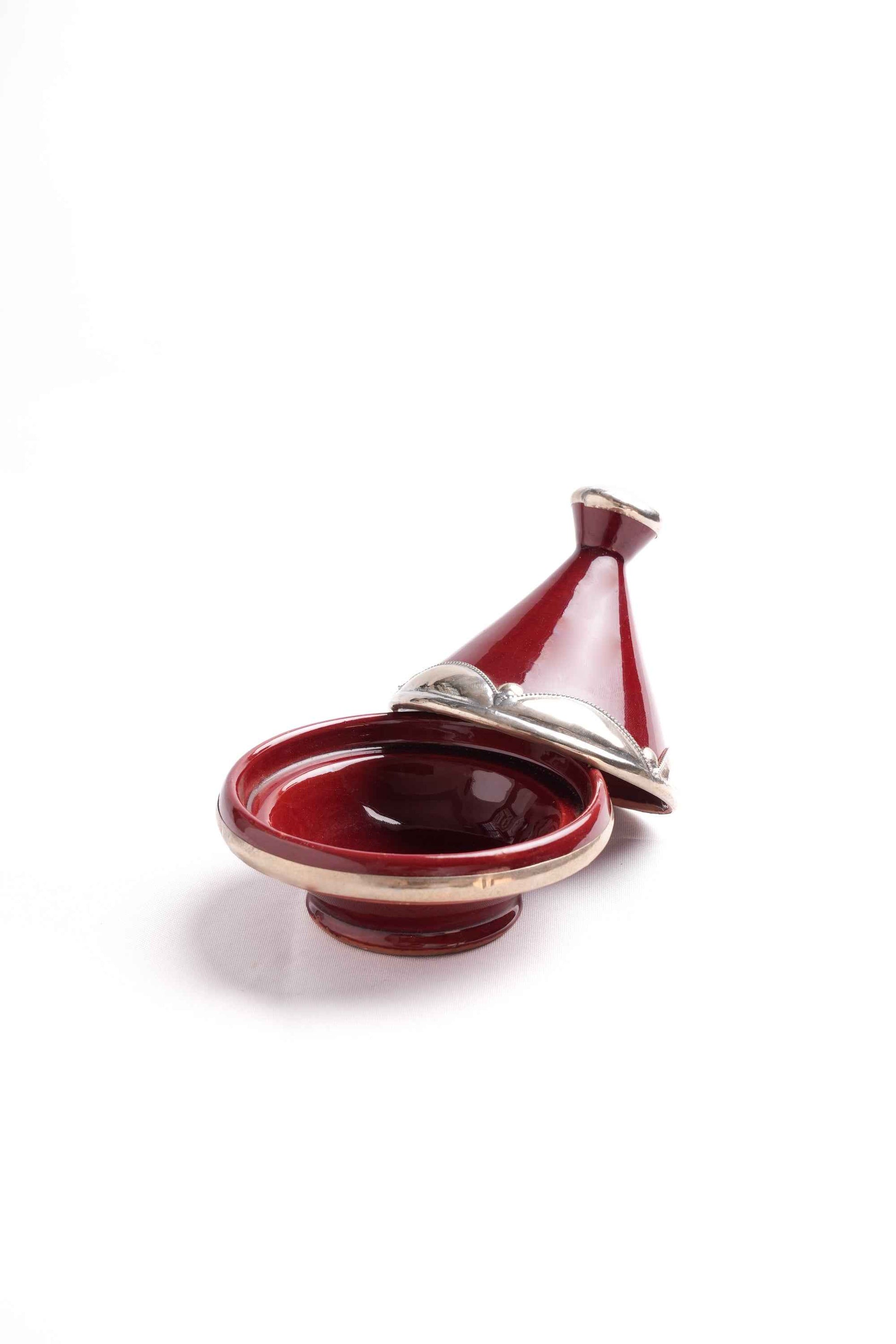 Moroccan Ceramic Tagine, Silver Metal Trim – Burgundy