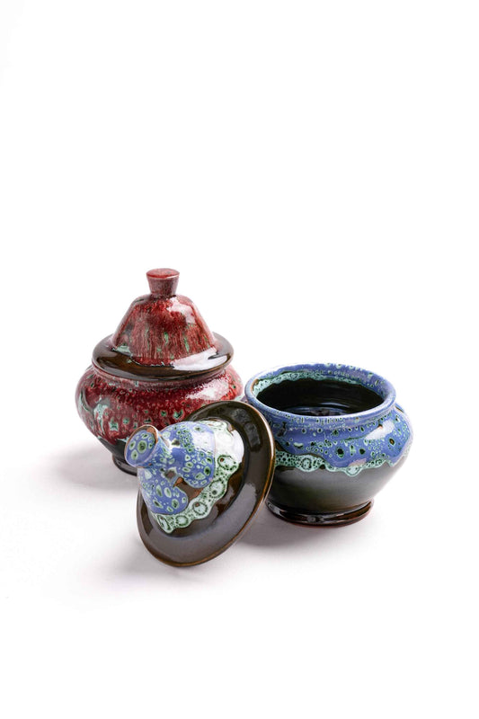 Moroccan Reactive-Glaze Lidded Containers, Set of 2